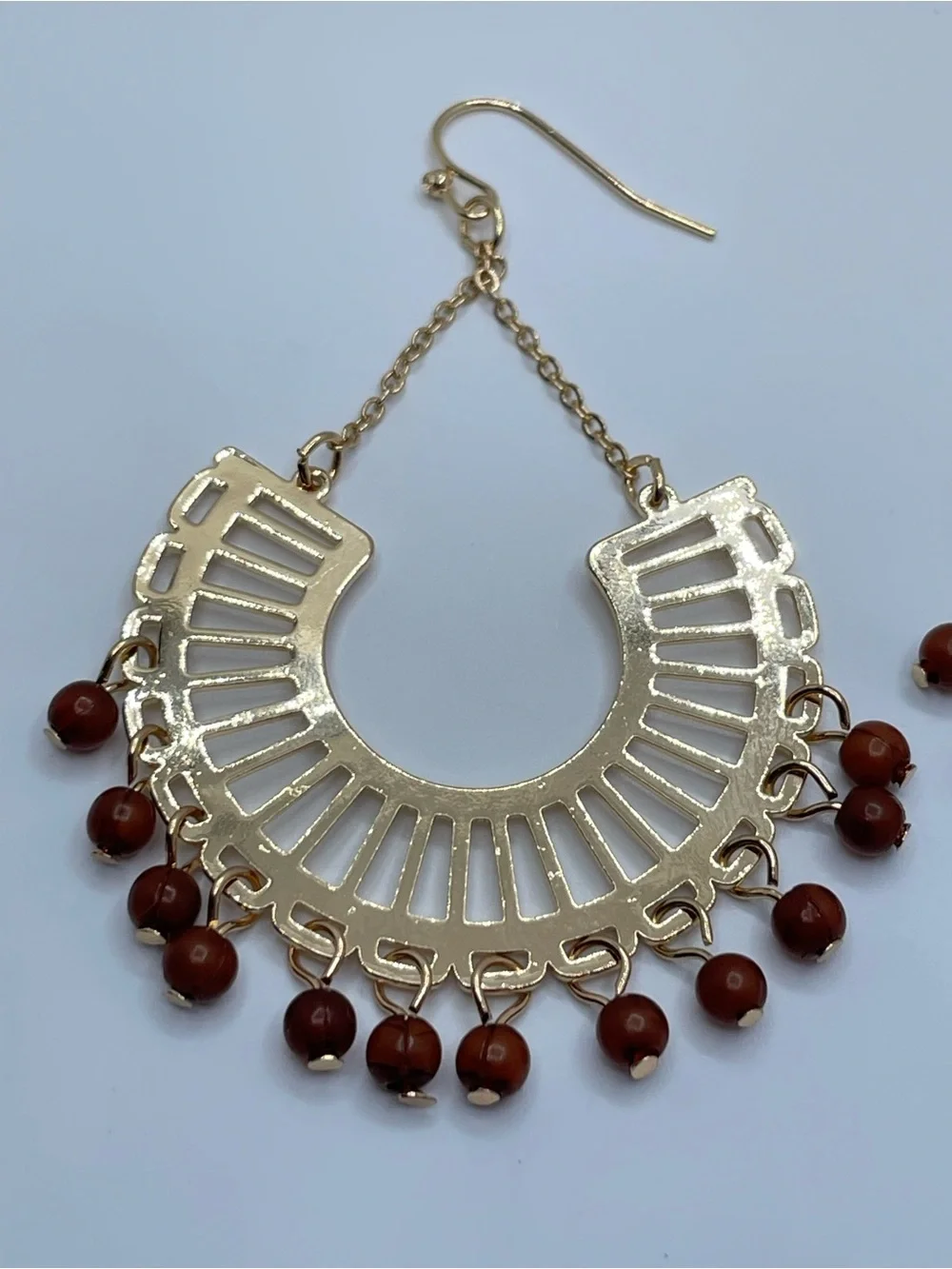 Gold Tone Boho Fan Dangle Earrings Brown Bead Fringe Statement